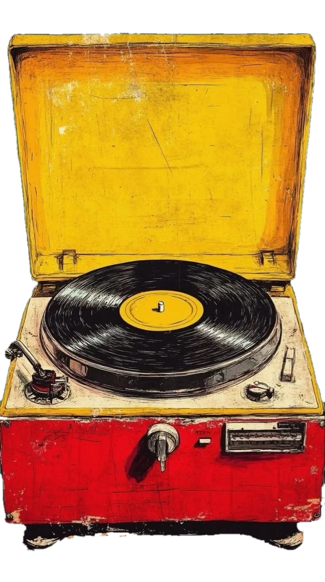 A vintage red and yellow record player